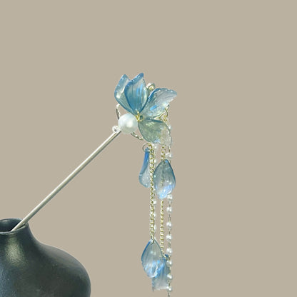 Ancient Style Blue Flower Hairpin High End Chinese Style Pearl Tassel Hairpin