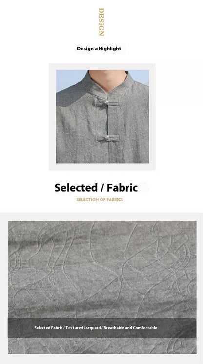 Chinese Style Mens Metal Button Jacquard Tang Shirt Summer Hanfu Top