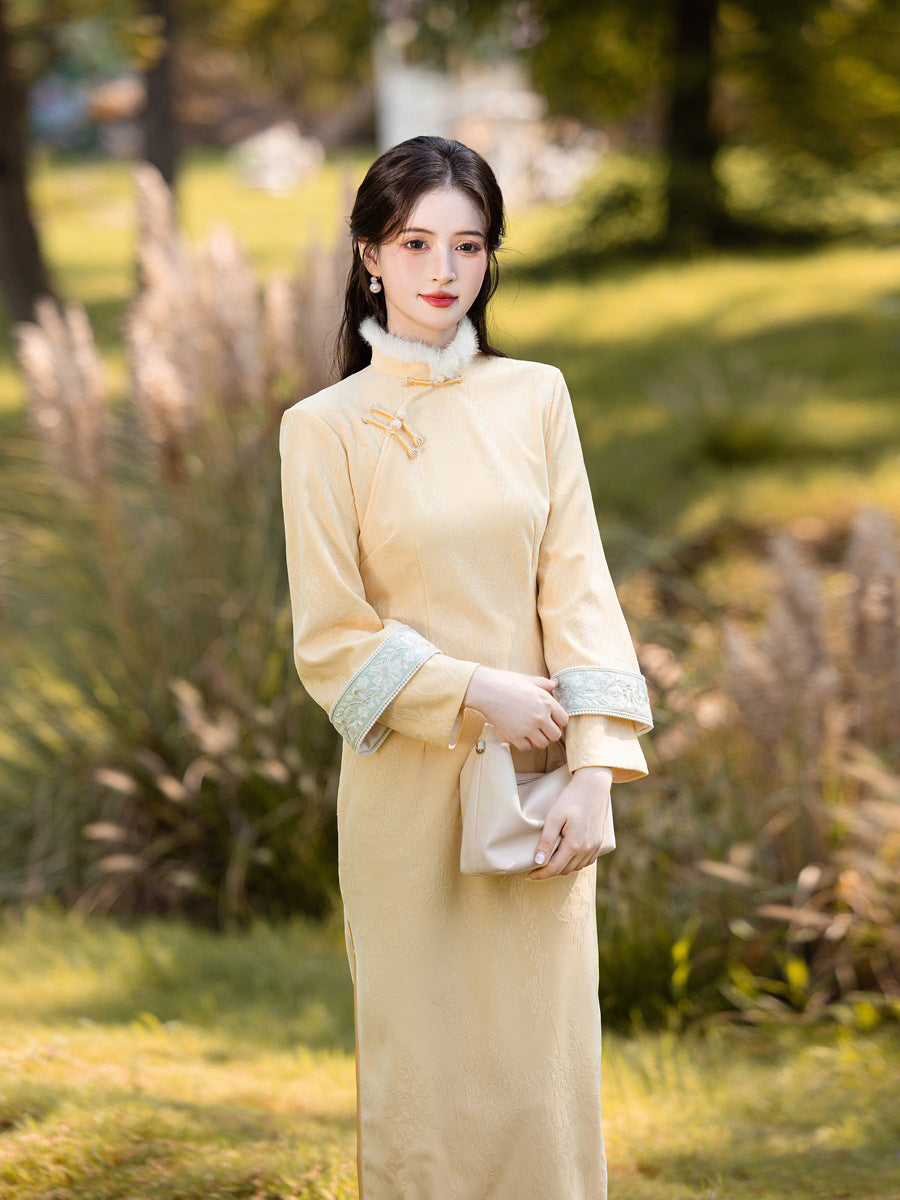 Yellow Fleece-Lined Long Sleeve Qipao | Winter New Chinese Style 2025
