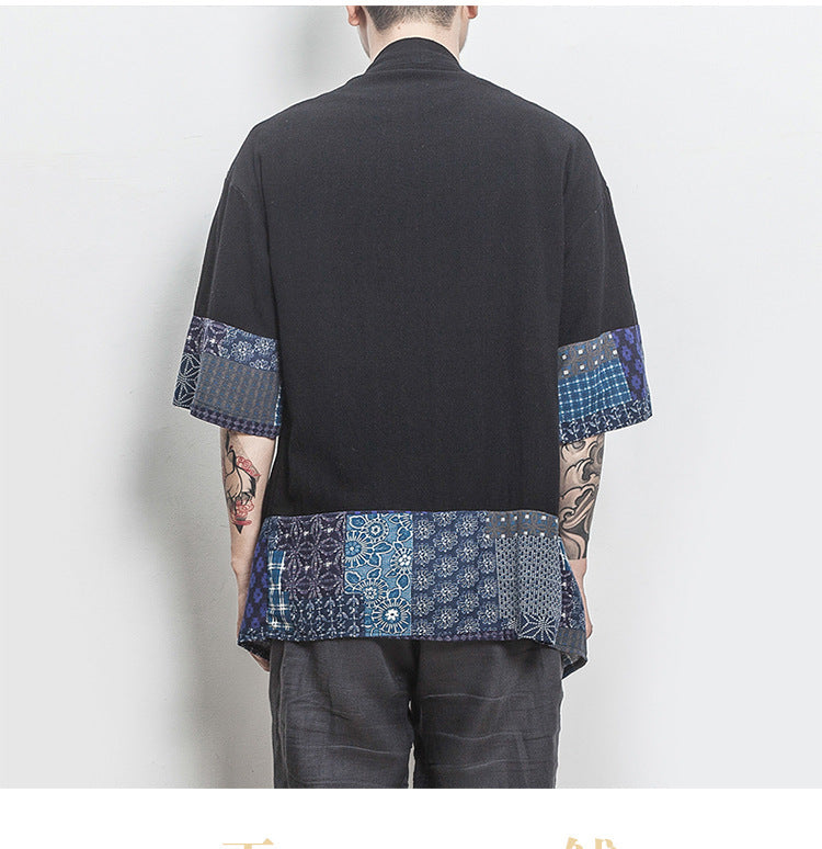 Summer Chinese Hanfu Cardigan Men’s Cotton Linen Patchwork Robe