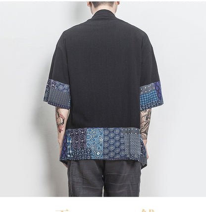 Summer Chinese Hanfu Cardigan Men’s Cotton Linen Patchwork Robe