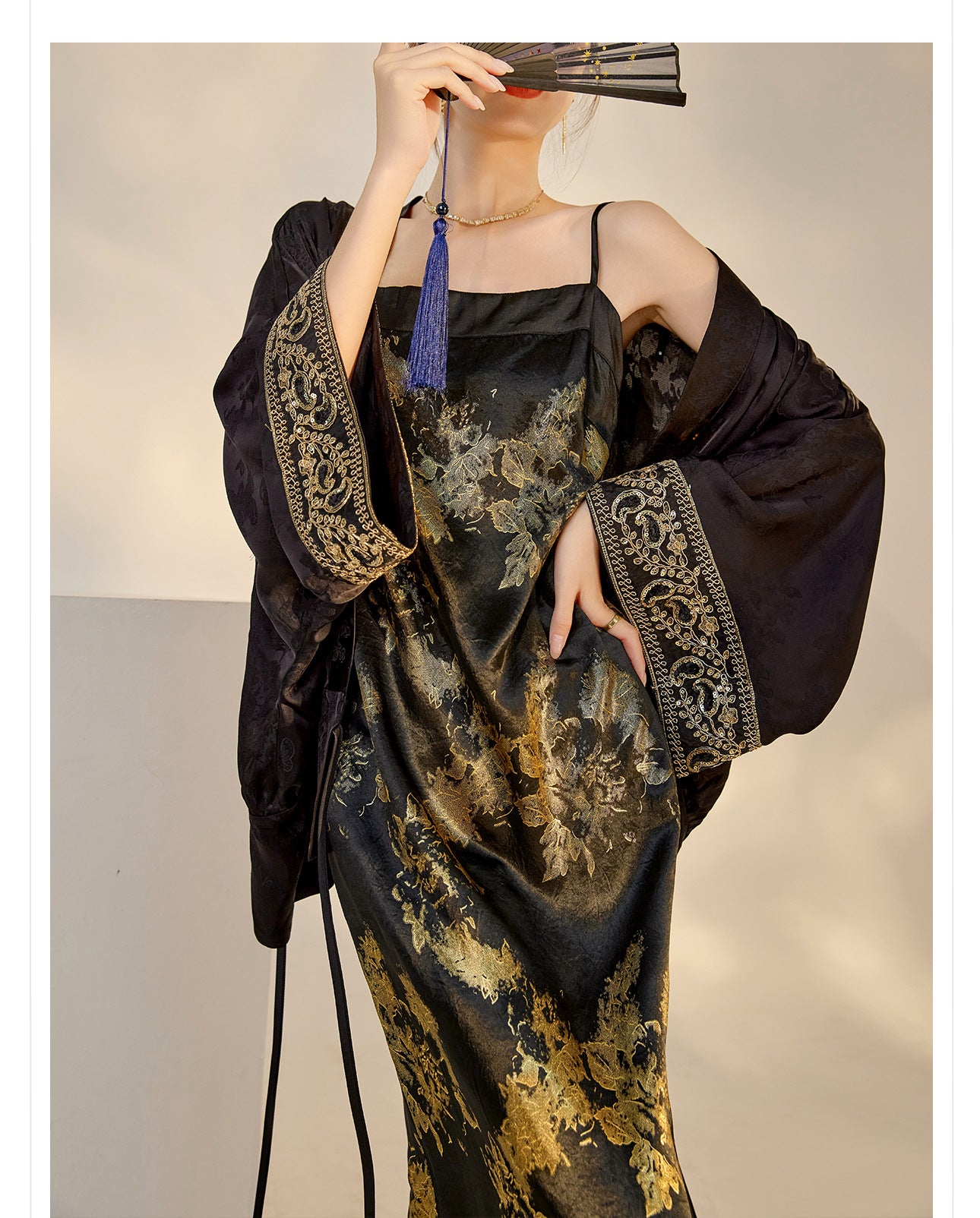 Summer New Chinese Printed Rayon Shirt & Strap Dress Set