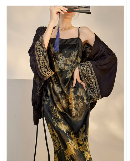 Summer New Chinese Printed Rayon Shirt & Strap Dress Set