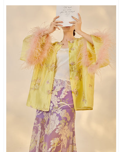 New Chinese Embroidered Feather Sleeve Patchwork Top & Skirt Set