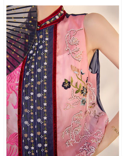 2026 New Chinese Embroidered Colorblock Mulberry Silk Vest Top