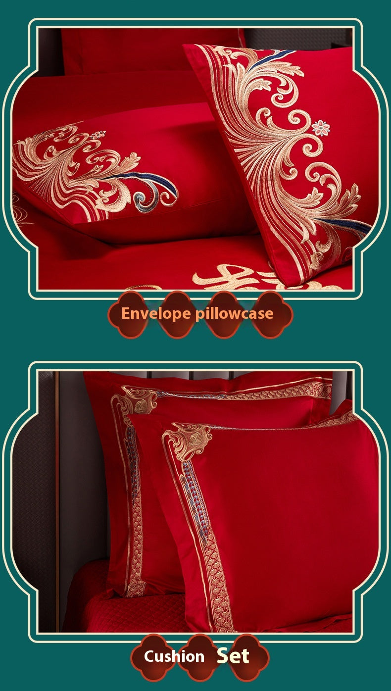 Luxury Red Cotton Wedding Bedding 4-Piece Embroidered Set