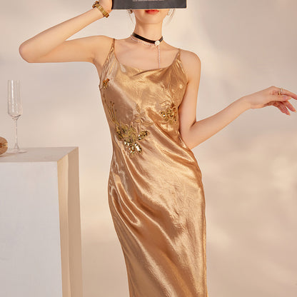 Elegant National Style Sequin Strap Dress | High-End Acetate Bodycon