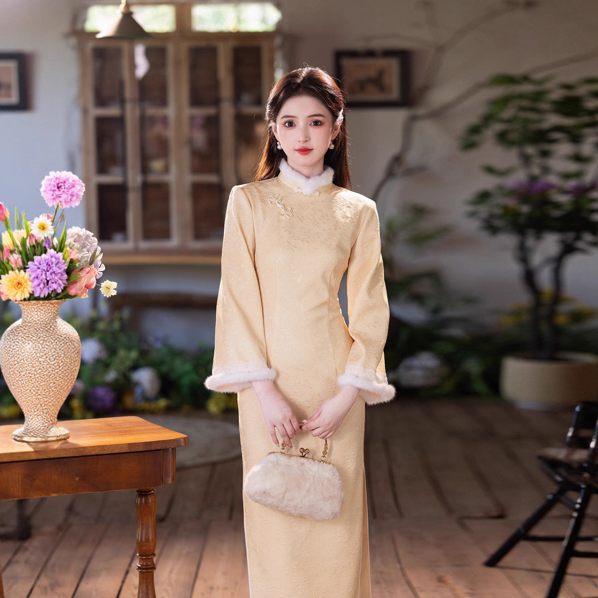 Yellow Fleece-Lined Winter Qipao | Thickened Long-Sleeve Retro Dress 2025