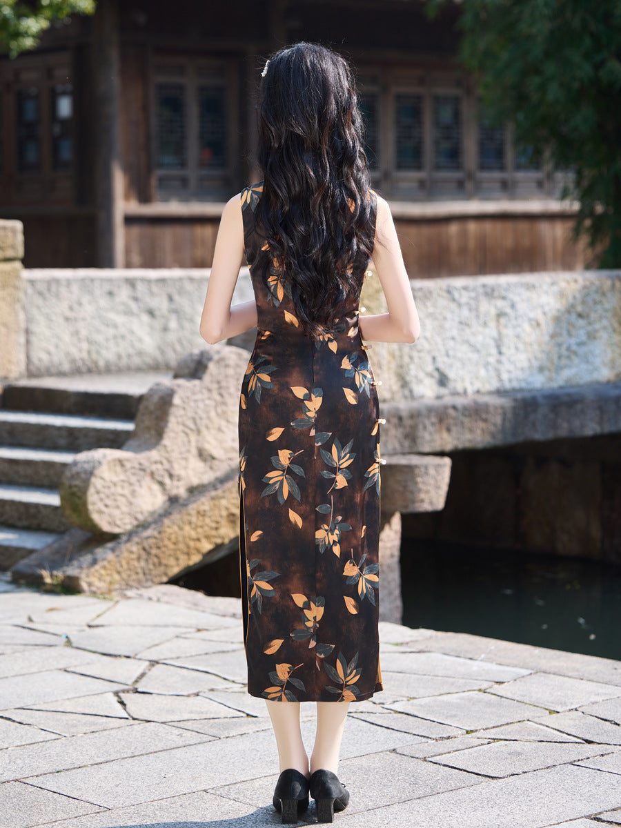 Black Sleeveless Cheongsam – Old Shanghai Printed Slim Dress