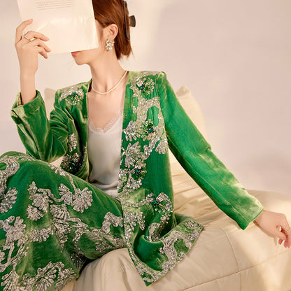2025 Spring New Chinese Beaded Embroidered Silk Cardigan & Skirt Set