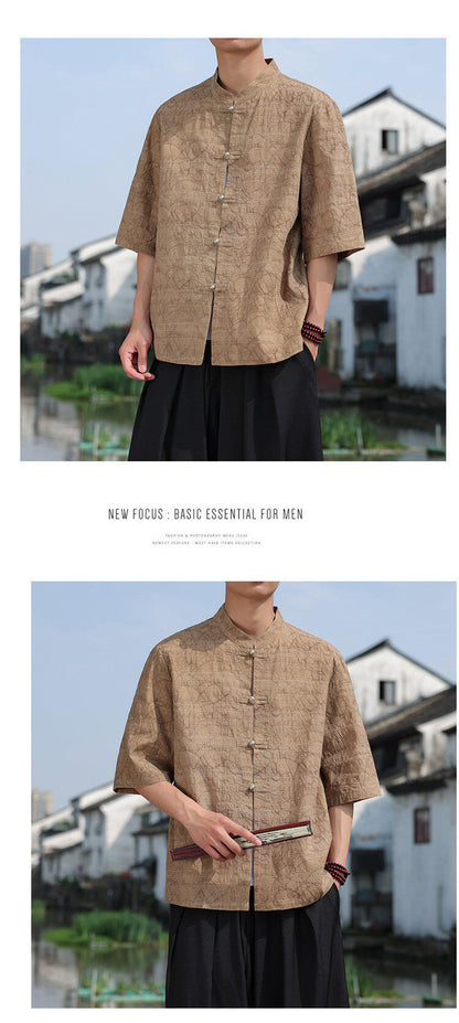 Chinese Style Mens Metal Button Jacquard Tang Shirt Summer Hanfu Top