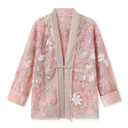 Spring New Chinese Style Velvet Sequin Embroidered Mesh Blouse