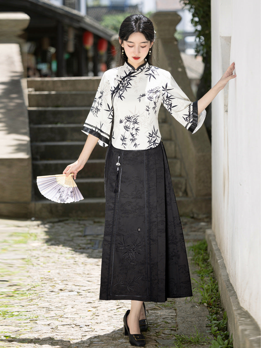 Elegant Improved Cheongsam Top & Hanfu Ink Design Skirt Set