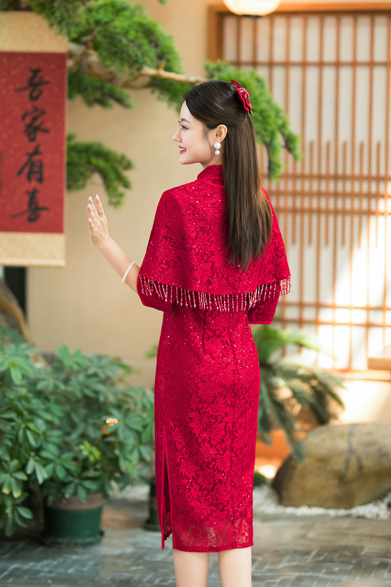 Elegant Red Two-Piece Cheongsam – Autumn Wedding Event Dress