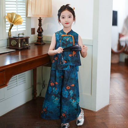 Children’s Summer Hanfu — Floral Top & Comfortable Wide-Leg Pants