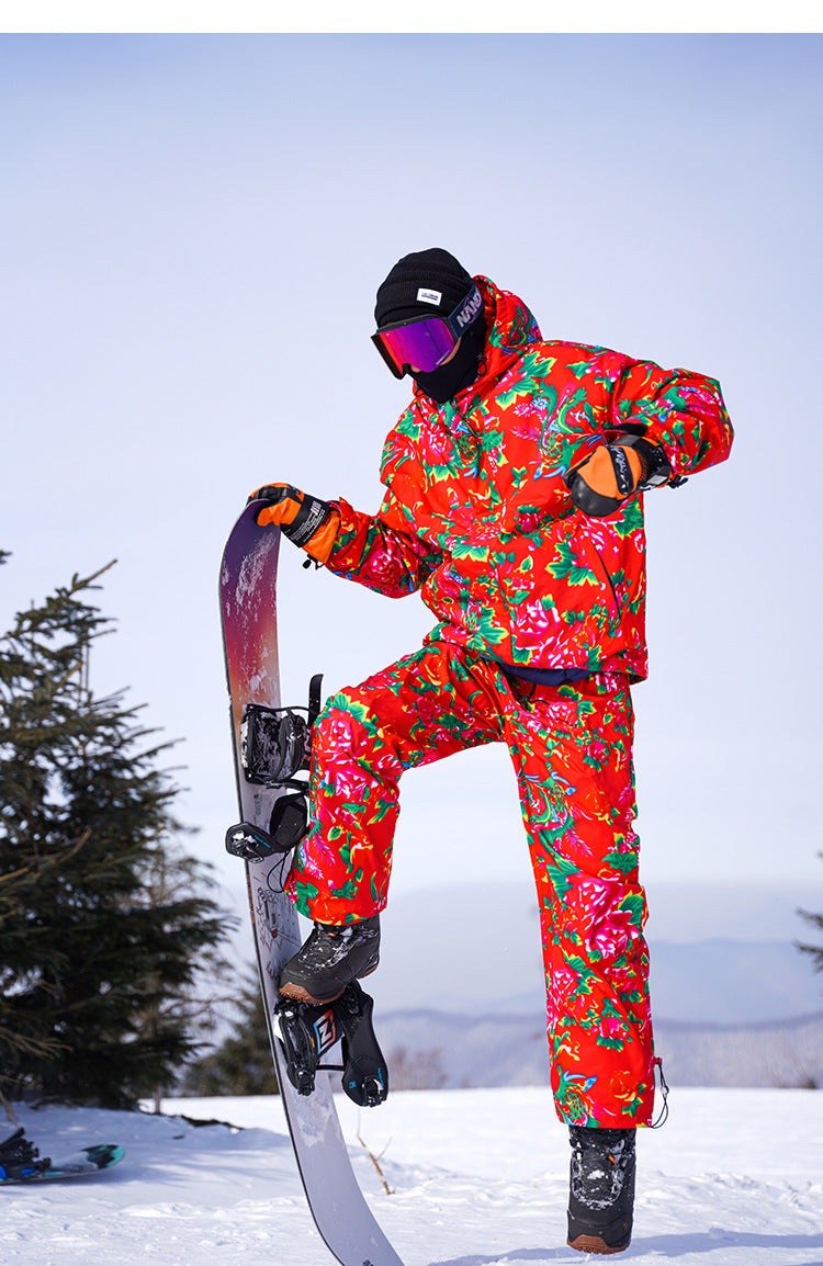 Men's Winter Ski Jacket Printed Floral Plus Size Warm Cotton Suit