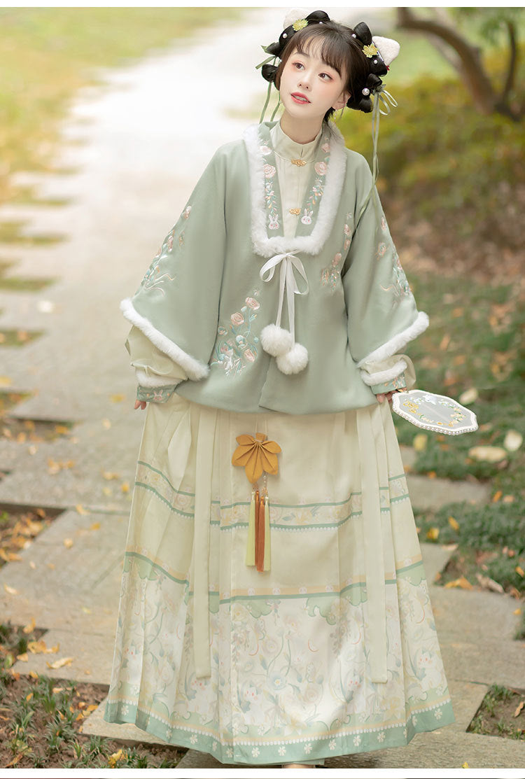 Trees of Sea Women Ming Hanfu Set: Embroidered Stand Collar Jacket & Horse Face Skirt New Year