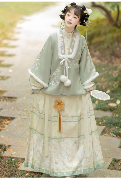 Trees of Sea Women Ming Hanfu Set: Embroidered Stand Collar Jacket & Horse Face Skirt New Year