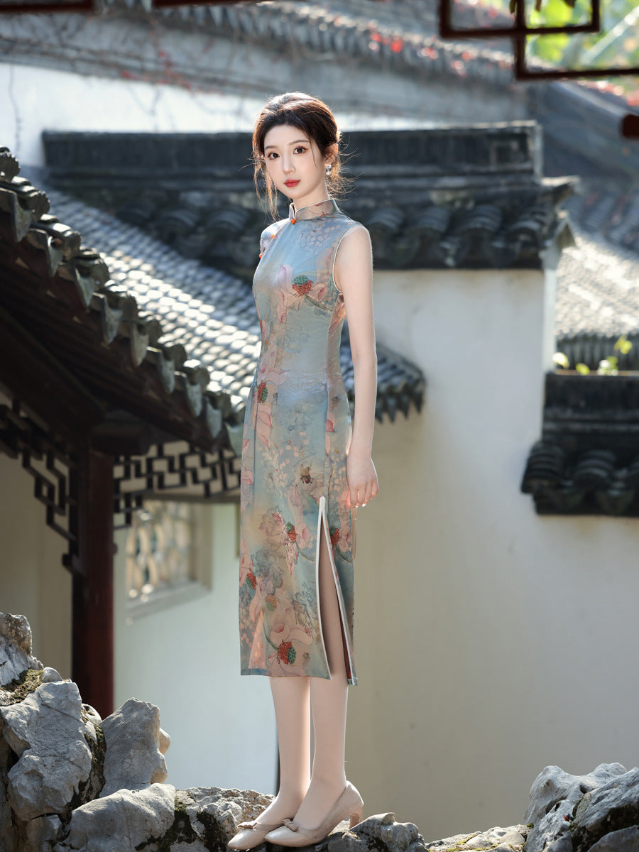 Oil Painting Print Sleeveless Cheongsam – Elegant Slim Dress