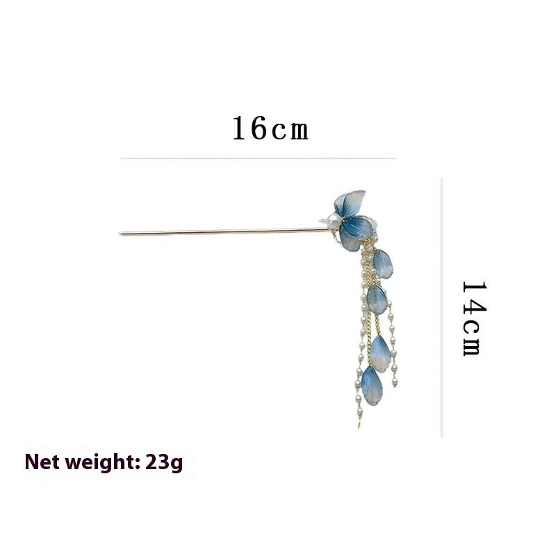Ancient Style Blue Flower Hairpin High End Chinese Style Pearl Tassel Hairpin