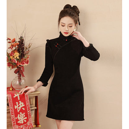 Red Winter Short Qipao Jacket | Fleece-Lined Thickened New Year Dress