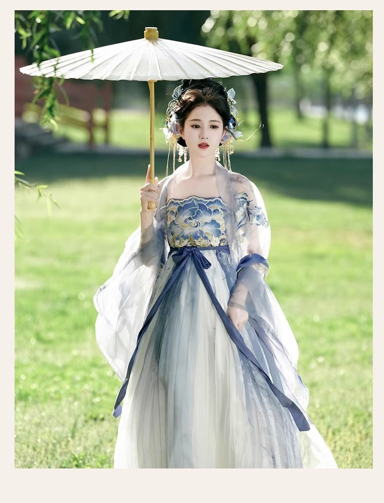 Fairy Hanfu Costume — Hibiscus Embroidered Shirt & Flowing Skirt Outfit