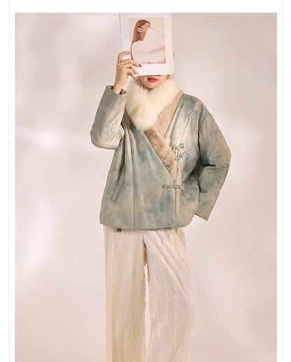 New Chinese Style Feather Collar Embroidered Cotton Jacket for Women