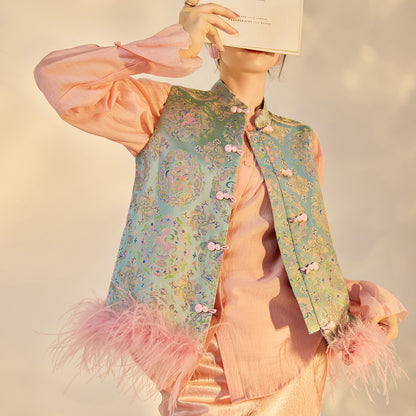 Ostrich Feather Detachable Vest – Elegant New Chinese Style Top