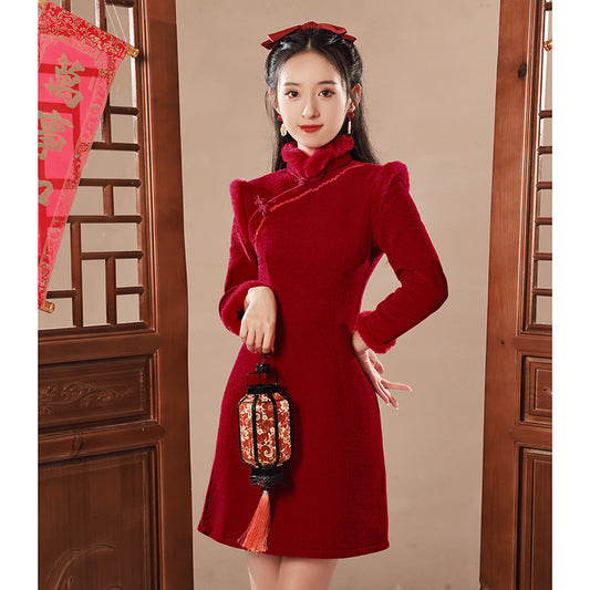 Red Winter Short Qipao Jacket | Fleece-Lined Thickened New Year Dress