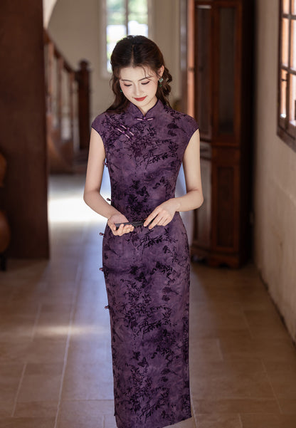 Autumn Elegant Cheongsam – Purple Retro Crescent Sleeve Dress