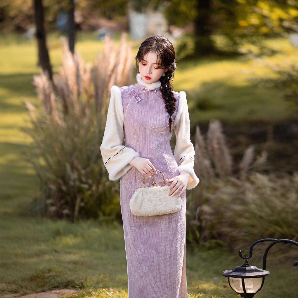 Thick Flared Sleeve Long Cheongsam | Youth New Chinese Style Winter Dress