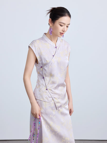 High-End Waist-Cinching Jacquard Top with Asymmetrical Collar