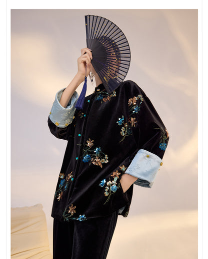 Elegant New Chinese Satin Floral Sequin Loose Black Top