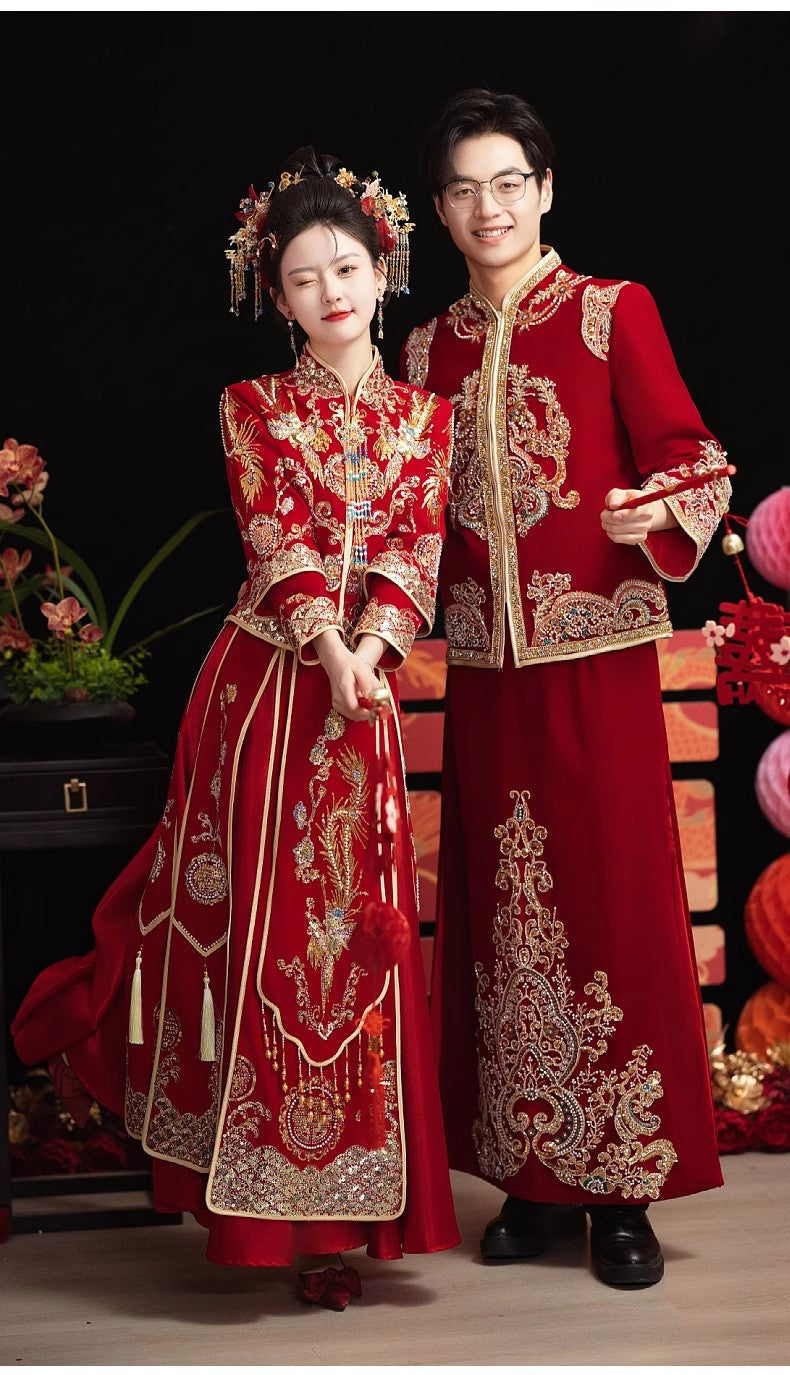 Chinese Wedding Xiuhe Dress Bride Velvet Toast Suit Set