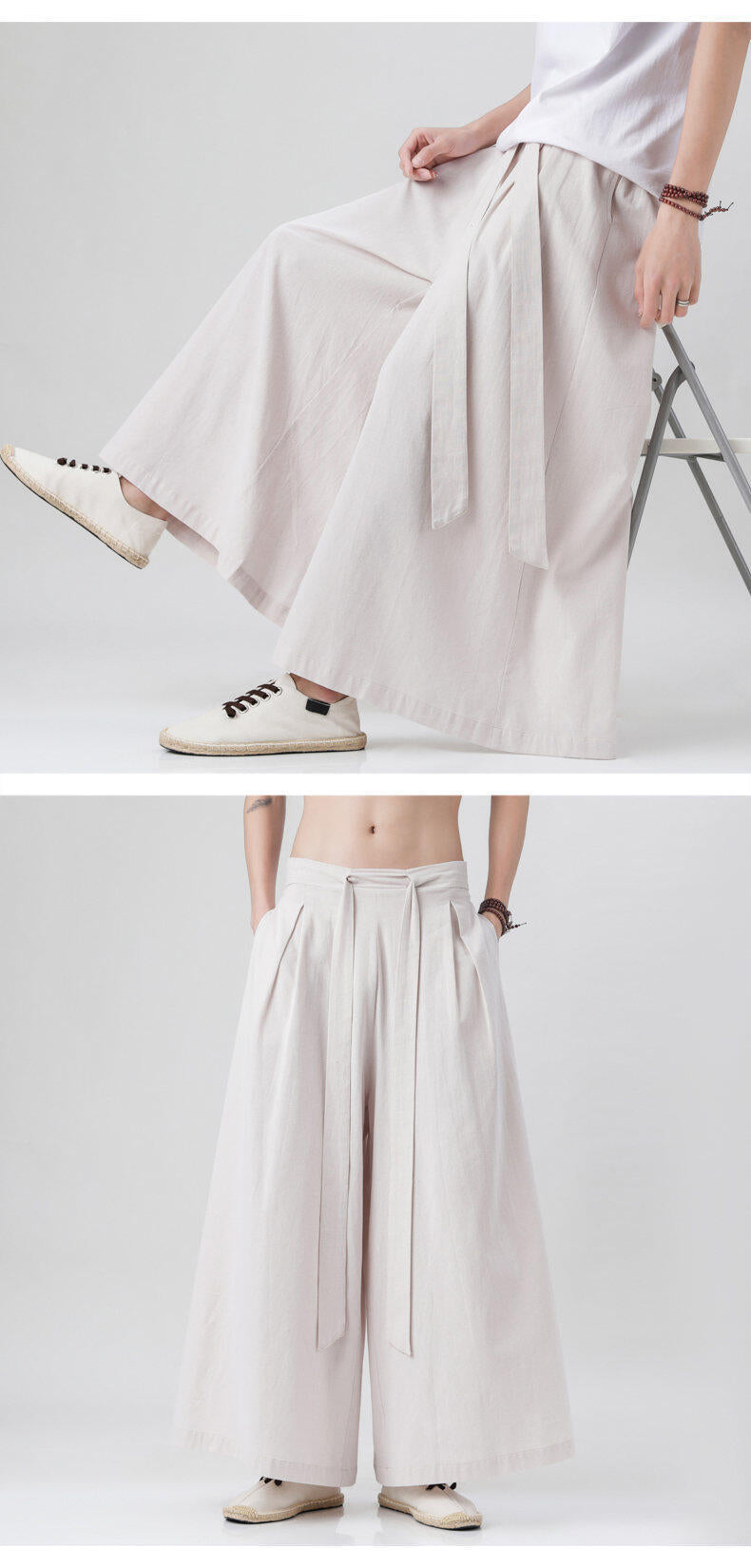 Mens Chinese Style Hanfu Linen Nine Point Retro Wide Leg Pants