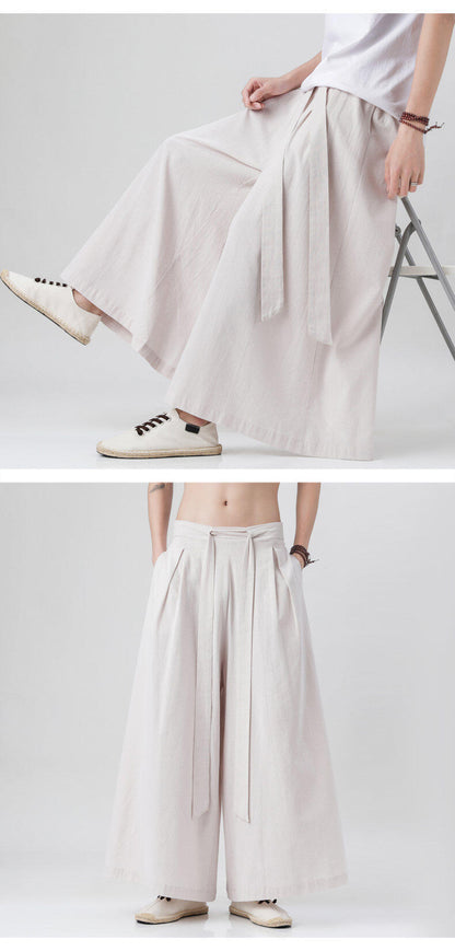 Mens Chinese Style Hanfu Linen Nine Point Retro Wide Leg Pants