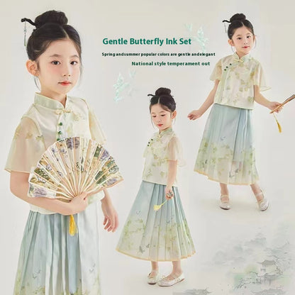 New Chinese Style Girls Outfit — Short Sleeve Shirt & Pleated Skirt