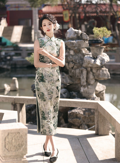 Elegant Dark Green Cheongsam – Retro Spring High-End Dress