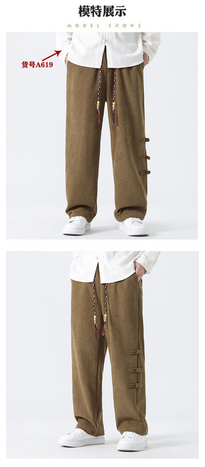 Chinese Style Mens Button Corduroy Pants Large Size Casual Sweatpants