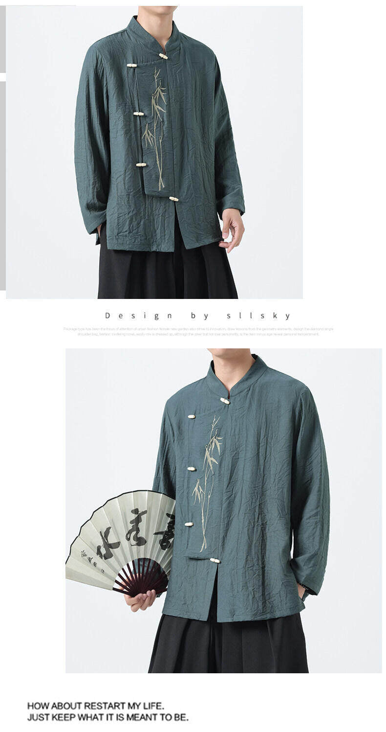 Chinese Style Mens Slanted Collar Hanfu Shirt Long Sleeve Tea Dress