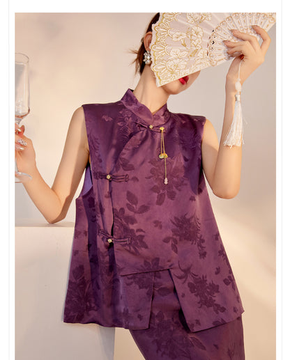 2026New Chinese Style Super Beautiful Purple Printed Rayon Vest and Skirt Early Autumn Set for Women