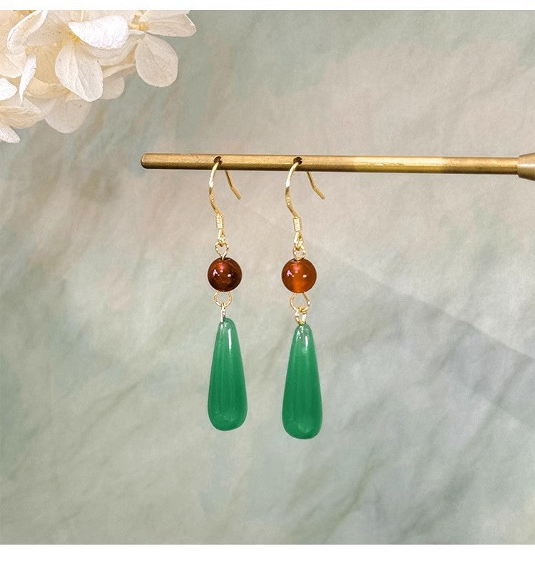 Imitation Chalcedony Green Earrings | New Chinese Style Ancient Water Drop Accessory