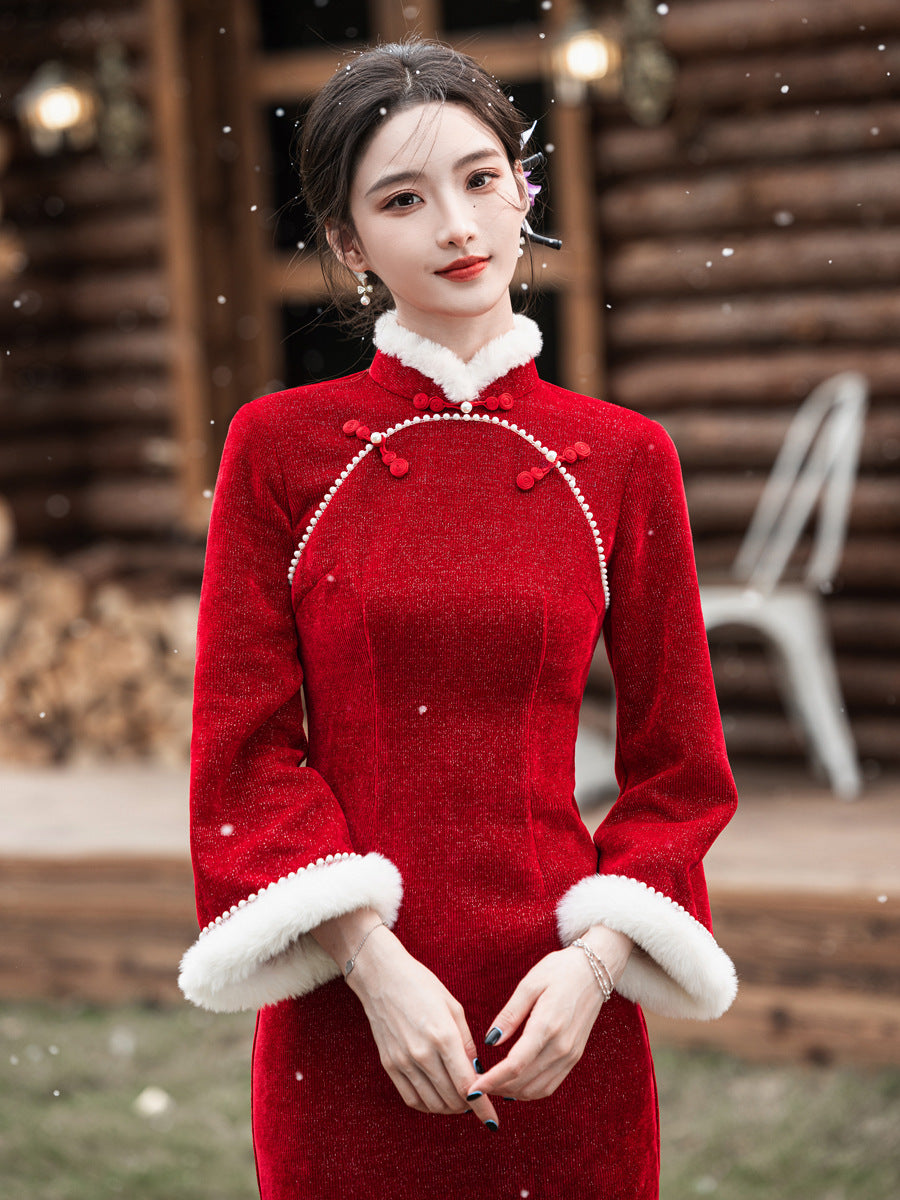 2025 New Improved Qipao – Warm Red High-End Autumn Winter Style