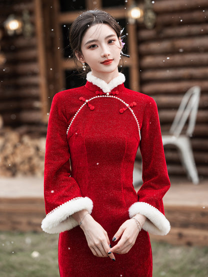 2025 New Improved Qipao – Warm Red High-End Autumn Winter Style