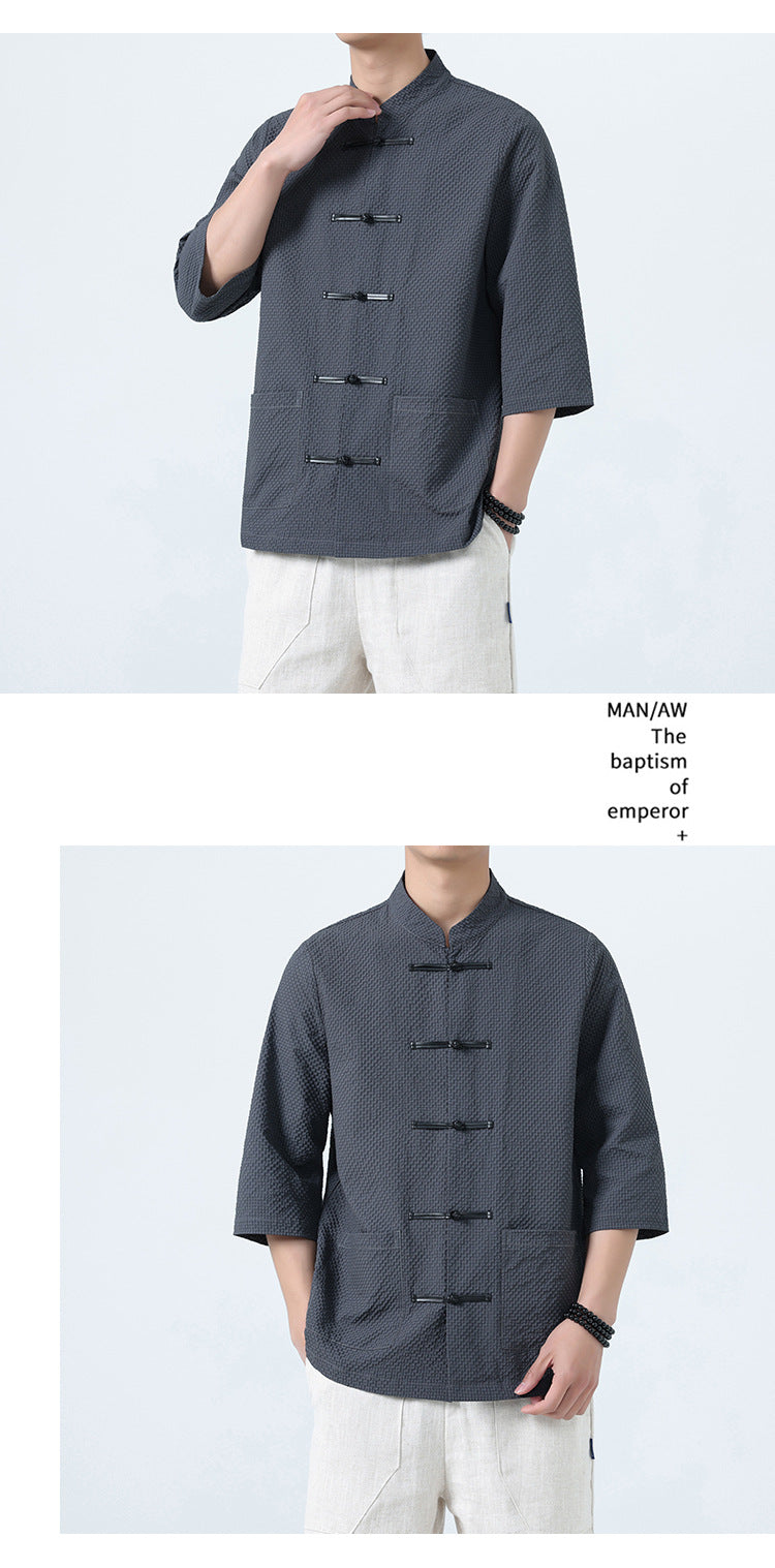 Mens Chinese Cotton Linen Shirt Retro Stand Collar Tang Suit Top