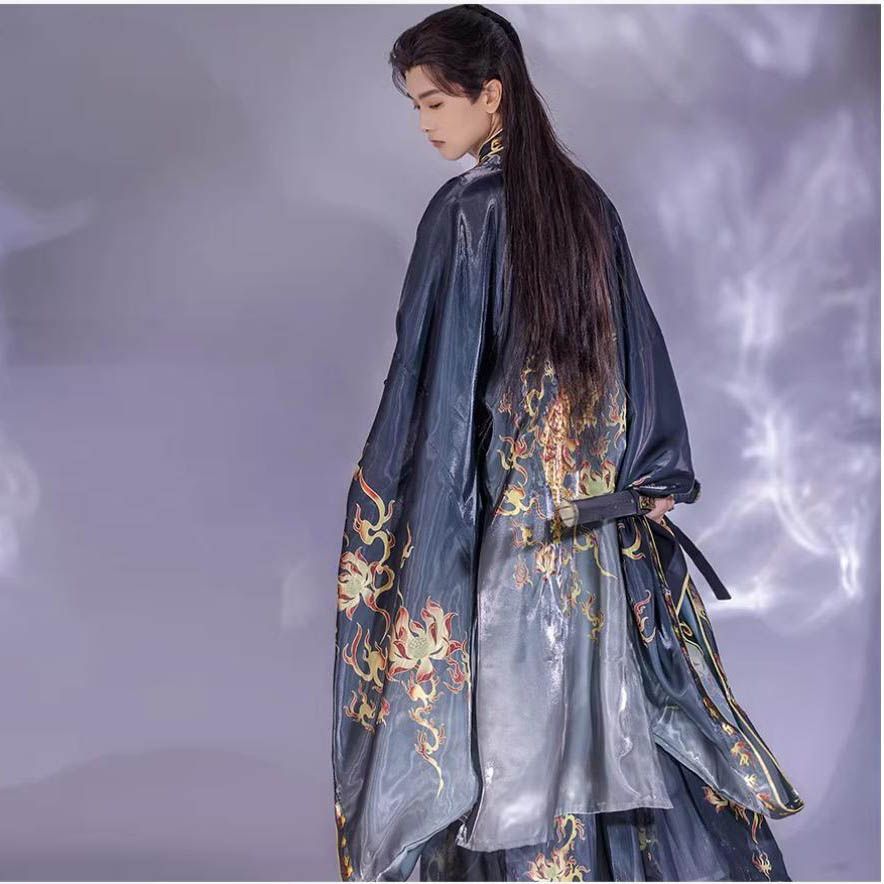 Oriental Ancient Drama Hanfu Mens Cross Collar Qi Waist Large Sleeve