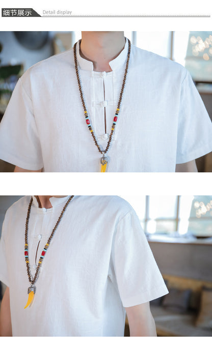 Chinese Style Mens Cotton Linen Tang Suit Short Sleeve Casual T Shirt