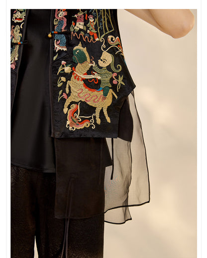 2026 New Chinese Style Silk Embroidered Mesh Patchwork Vintage Vest