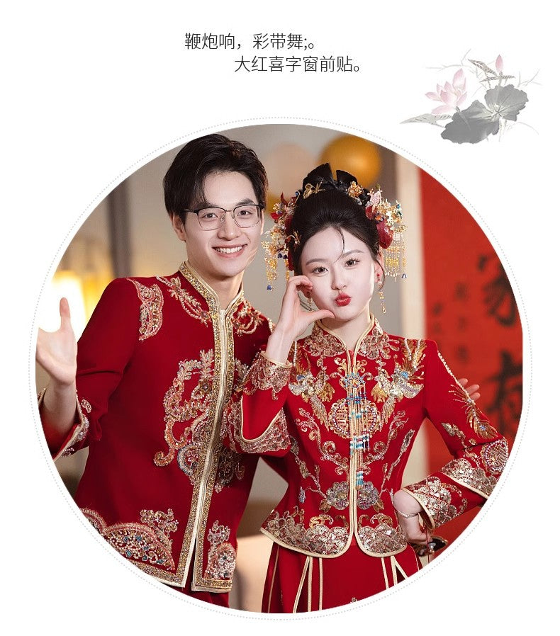 Chinese Wedding Xiuhe Dress Bride Velvet Toast Suit Set