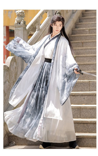 Oriental Ancient Drama Hanfu Costume Mens White Ink Print Daily Wear